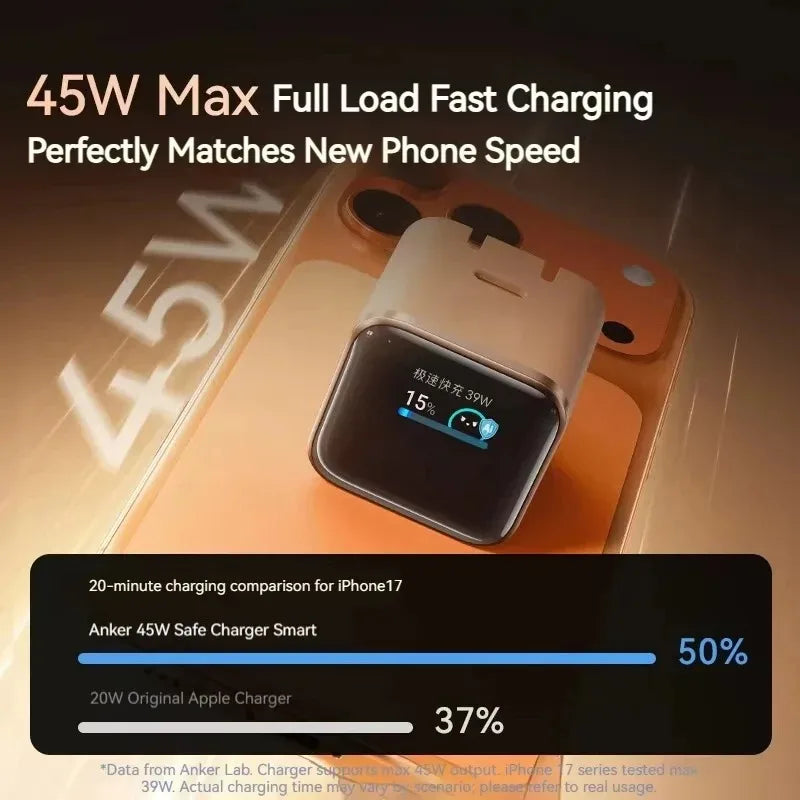 Carregador Anker 45W Nano Smart – Com Tela Digital e Pino Dobrável para iPhone 15/16/17 Pro Max
