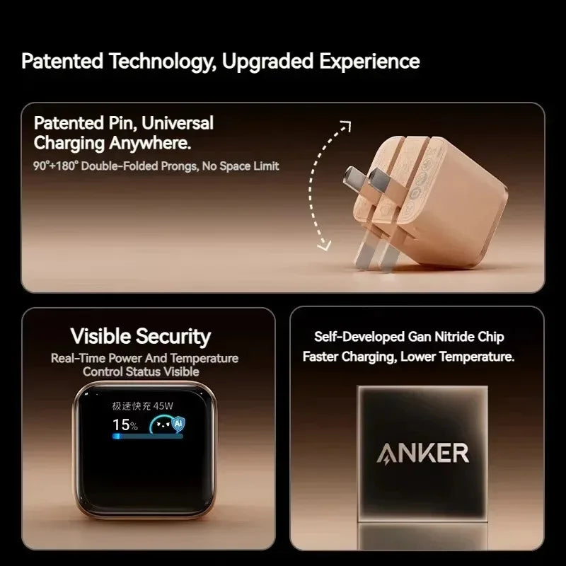Carregador Anker 45W Nano Smart – Com Tela Digital e Pino Dobrável para iPhone 15/16/17 Pro Max